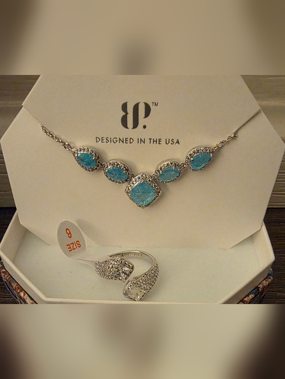 BP Blue Stone Pavé Necklace and Ring Set